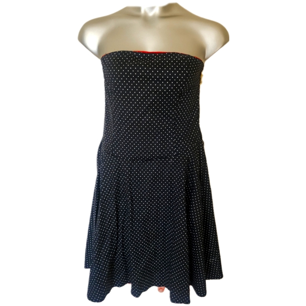Strapless Polka-dot Dress w/ Red Tull